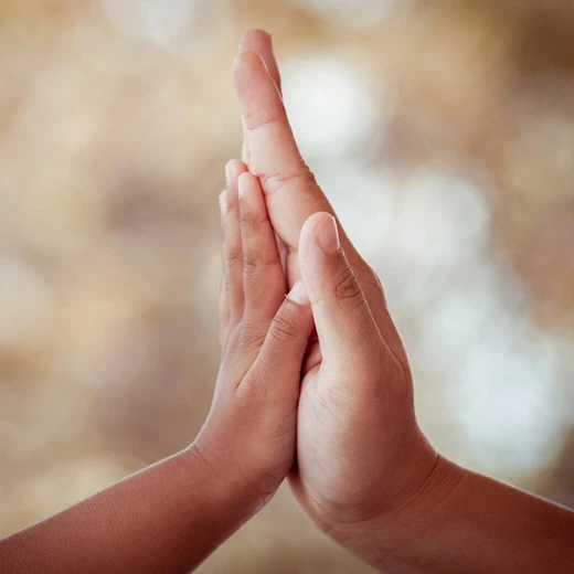 Close-up of an adult's and child's hands touching